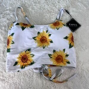 Zaful Sunflower Print Bikini Top White Yellow Floral Lace Up Back Size Small NWT